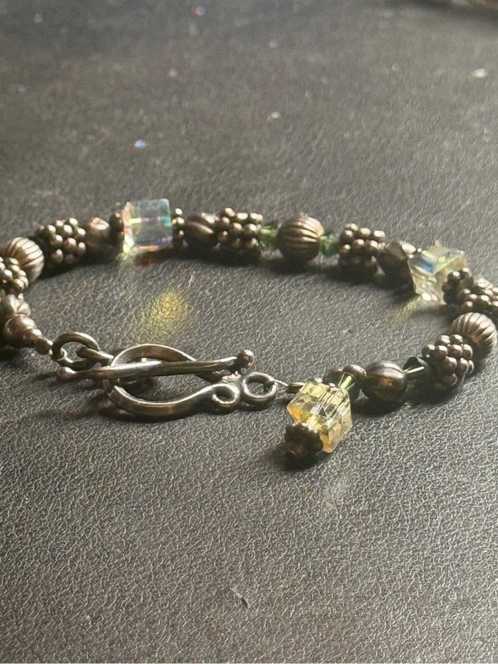 Vintage Sterling Green Bicone & Aurora Borealis Beaded Bracelet Toggle Clasp